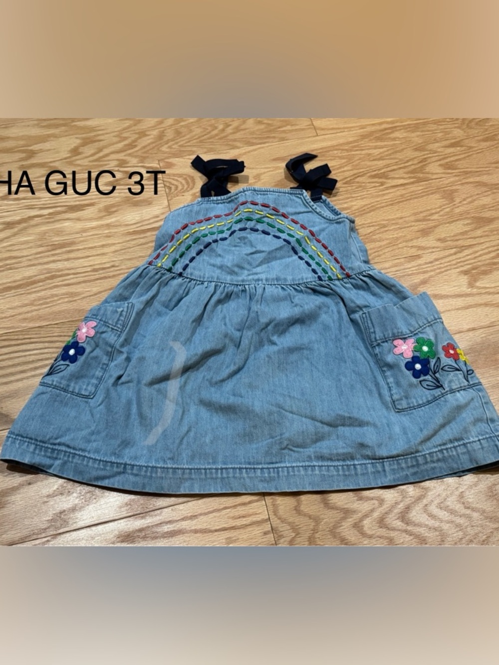 Hanna Andersson Light Denim Dress with Navy Straps and Rainbow Embroidery